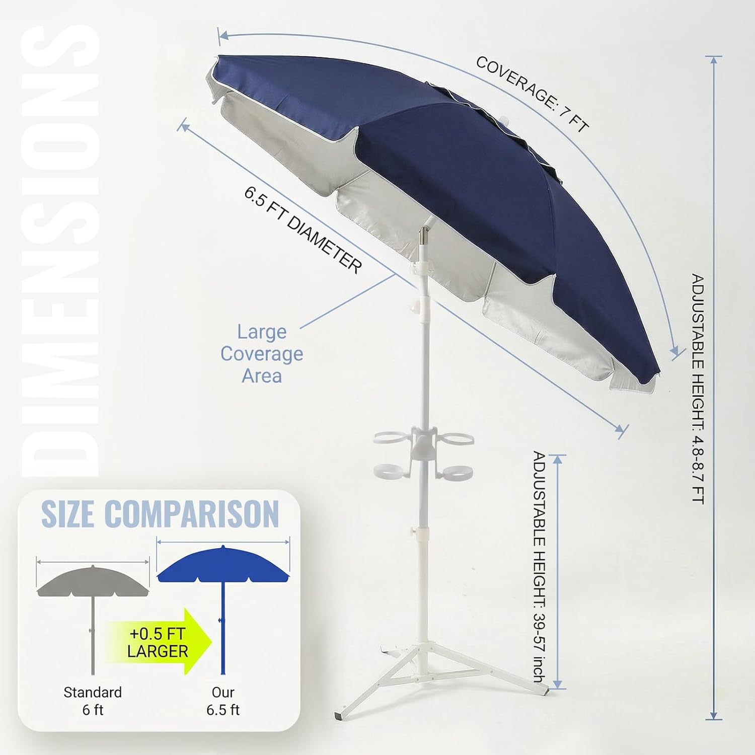 PASAMIC 7ft Portable Umbrella with Stand, UPF 50+ Sports Sun Shade Umbrella with Carry Bag, Hook & Cup Holders, Adjustable Instant Sun Protection for Sports, Beach, Fishing, Navy Blue
