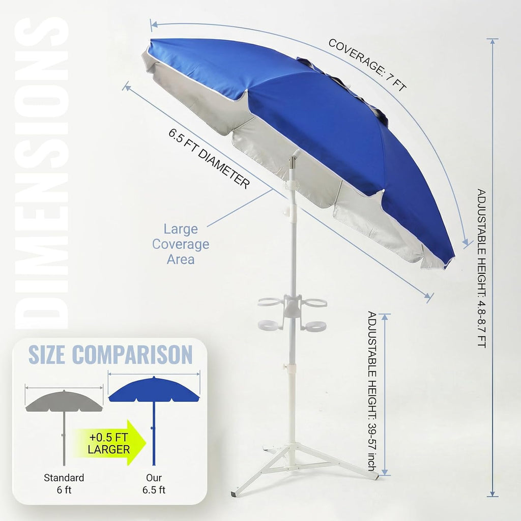 PASAMIC 7ft Portable Umbrella with Stand, UPF 50+ Sports Sun Shade Umbrella with Carry Bag, Hook & Cup Holders, Adjustable Instant Sun Protection for Sports, Beach, Fishing, Royal Blue