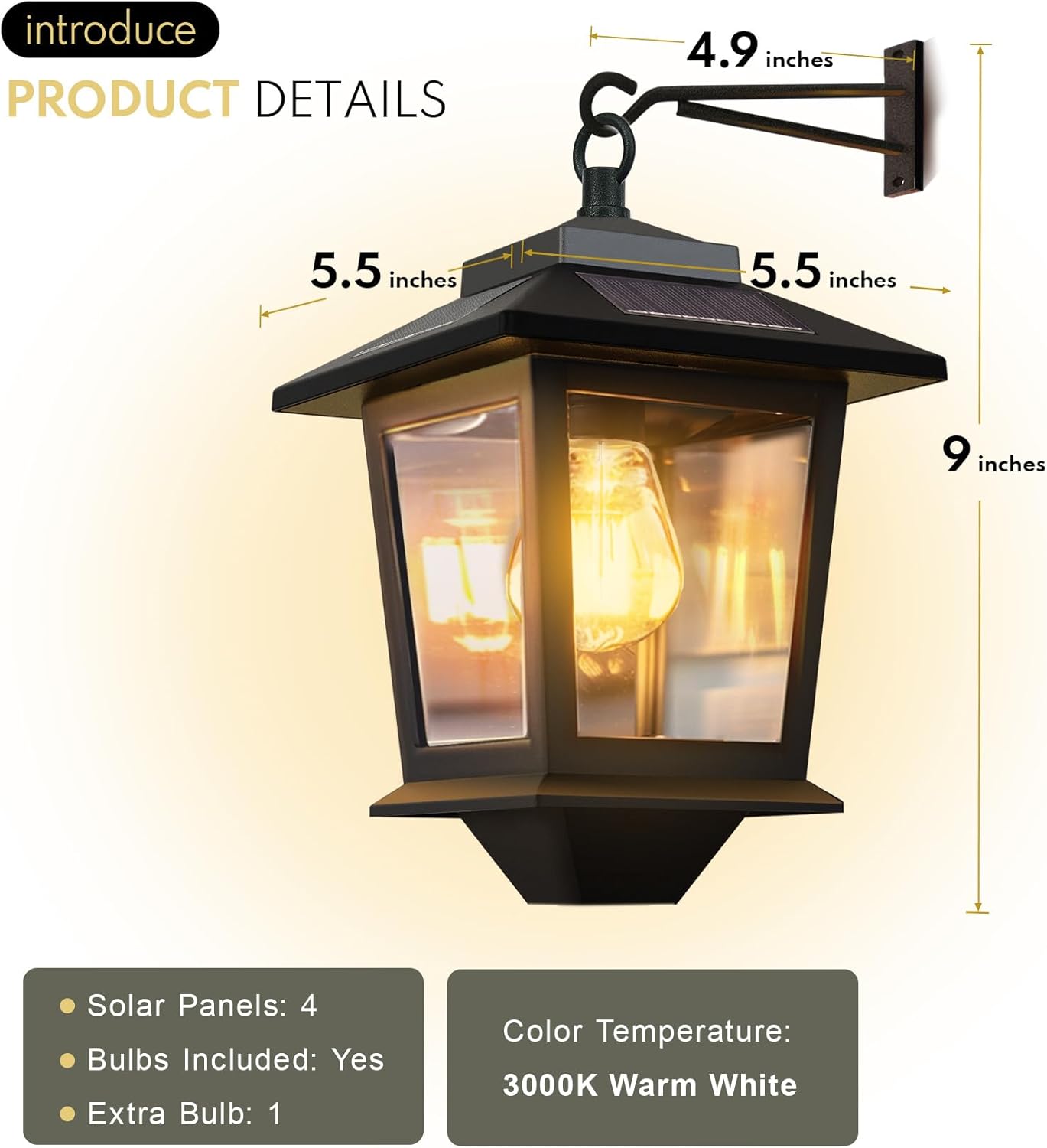 PASAMIC 2 Pack Solar Wall Lanterns,Outdoor Hanging Lights with 4 Solar Panels,Dusk to Dawn Led Outdoor Wall Sconce, Anti-Rust Waterproof Lanterns with Hooks,3000K Warm White