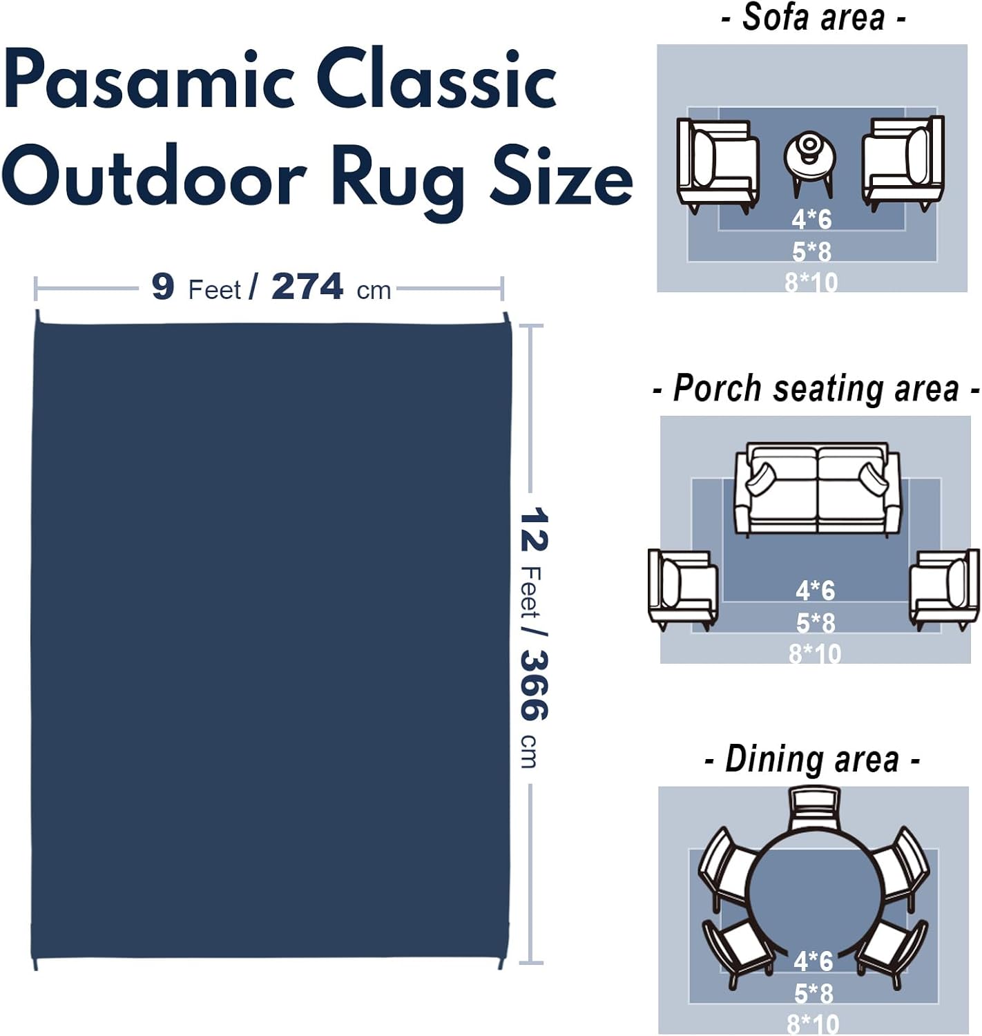 PASAMIC 9x12 Outdoor Rug Waterproof, Reversible Plastic Straw Outdoor Patio Rug Clearance, Portable Indoor Outdoor Carpet for Patio, RV, Deck, Balcony, Backyard, Picnic, Beach, Clover Navy Blue