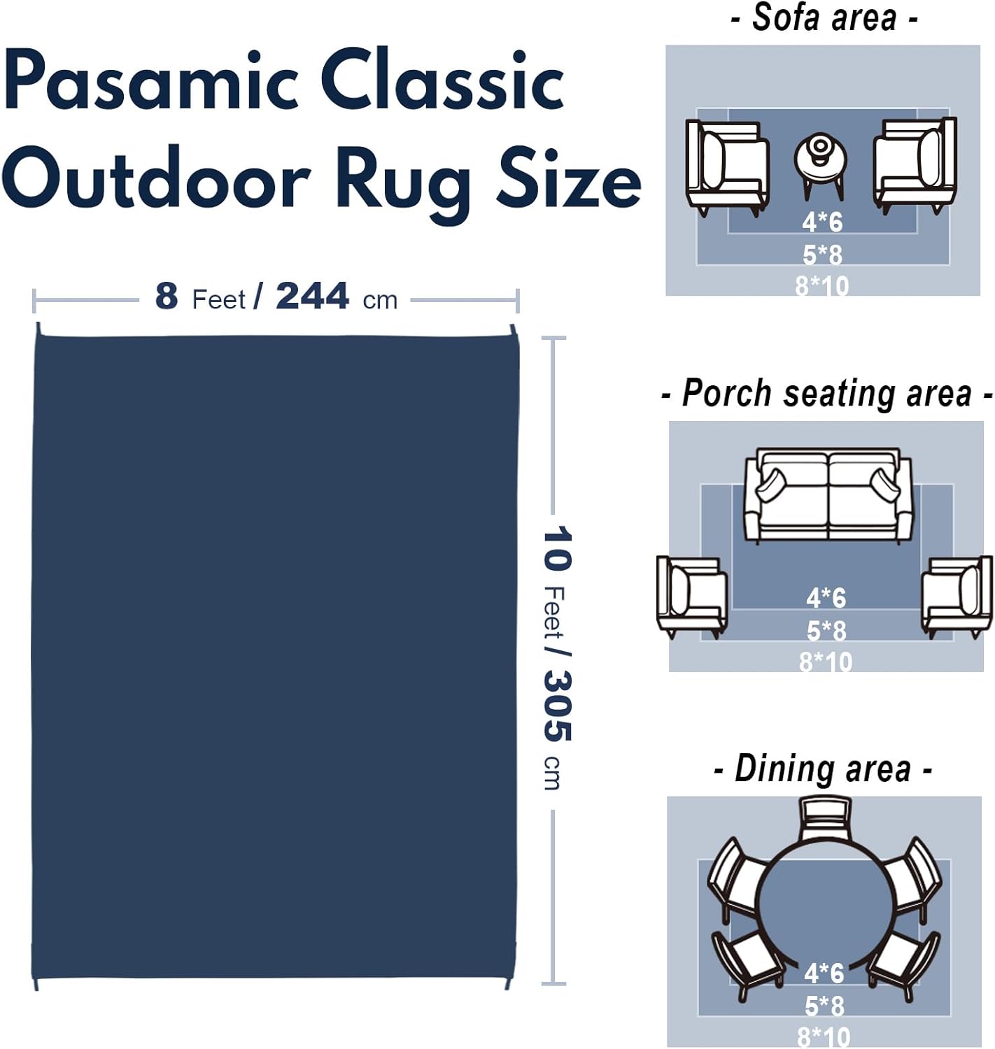 Waterproof Outdoor Rug 8x10 ft, Reversible Plastic Straw Rug, Easy to Clean Patio Rug, Portable Carpet for Patio, RV, Deck, Balcony, Backyard, Picnic, Beach, Clover, Navy Blue