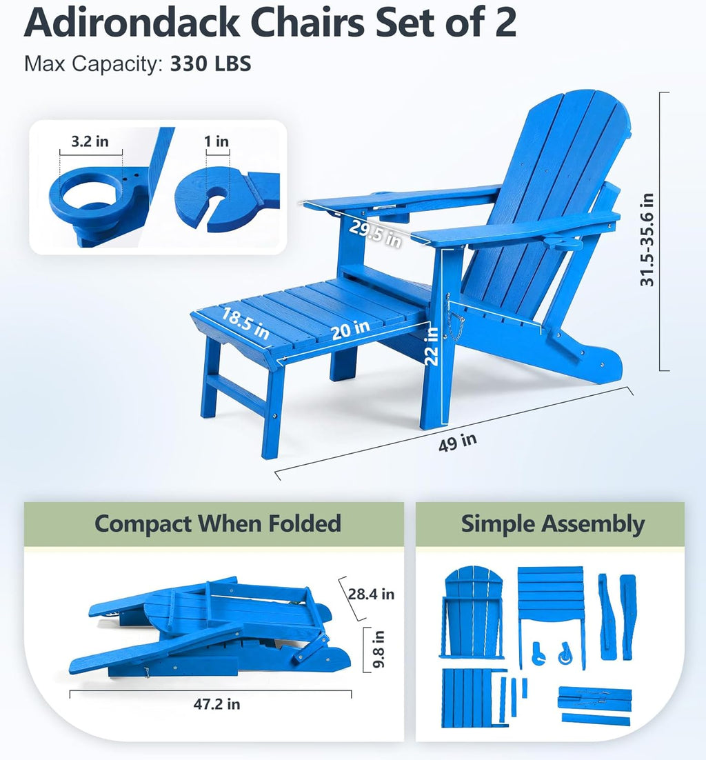 PASAMIC Folding Adirondack Chairs Set of 2 with Retractable Ottoman, 5-Position Adjustable Backrest, HDPE All-Weather Fire Pit Chairs with 2 Hidden Cup Holders, Wood-Look Outdoor Chairs, Blue