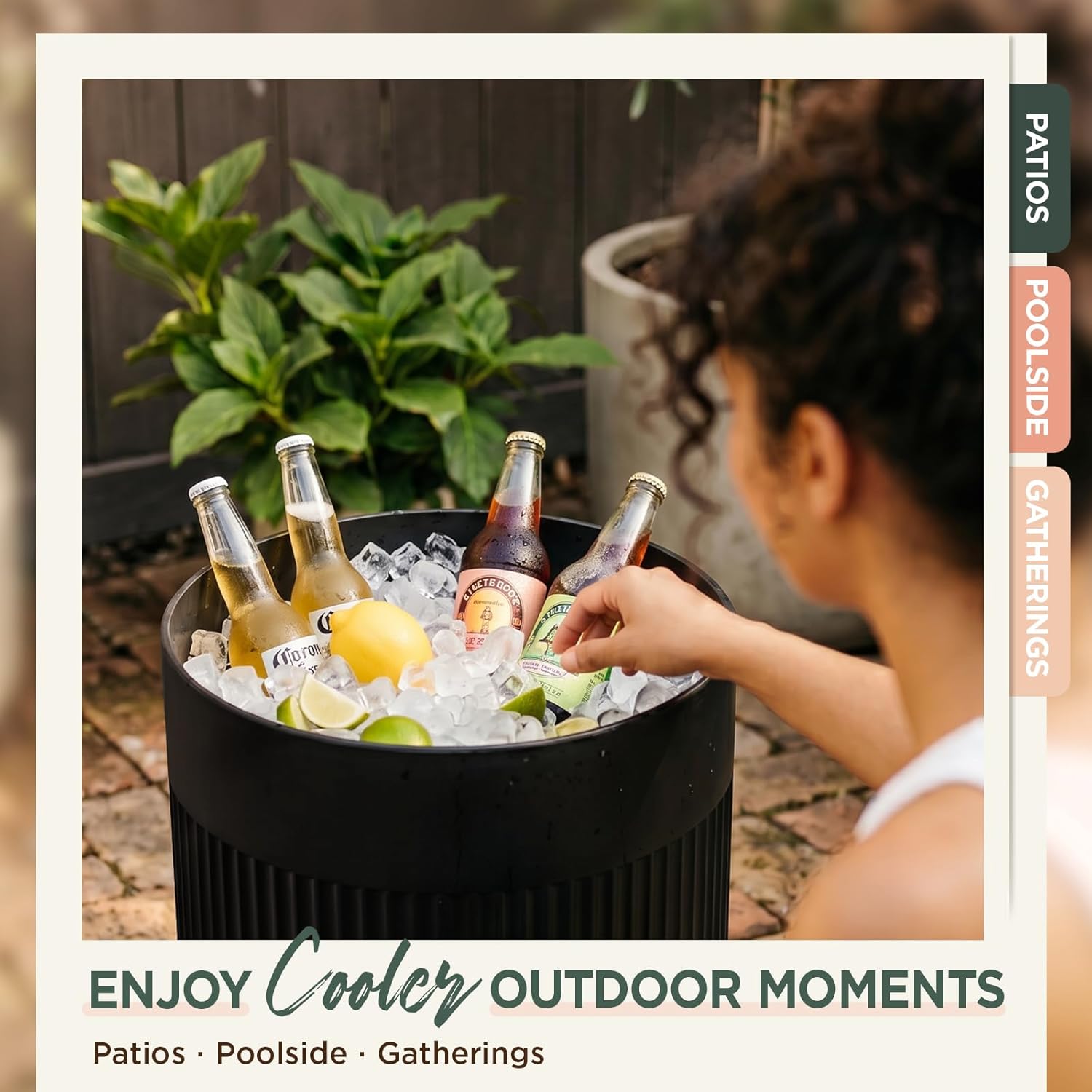 PASAMIC Outdoor Cooler Side Table, 3-in-1 Patio Ice Cooler Table with Storage, HDPE Outdoor Table with Drain Plug, Holds 24 Cans & Fits Wine Bottles, Poolside Deck Backyard (Black)