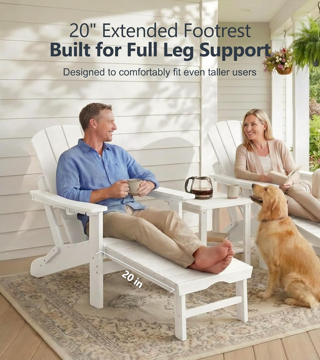 PASAMIC Folding Adirondack Chairs Set of 2 with Retractable Ottoman, 5-Position Adjustable Backrest, HDPE All-Weather Fire Pit Chairs with 2 Hidden Cup Holders, Wood-Look Outdoor Chairs, White
