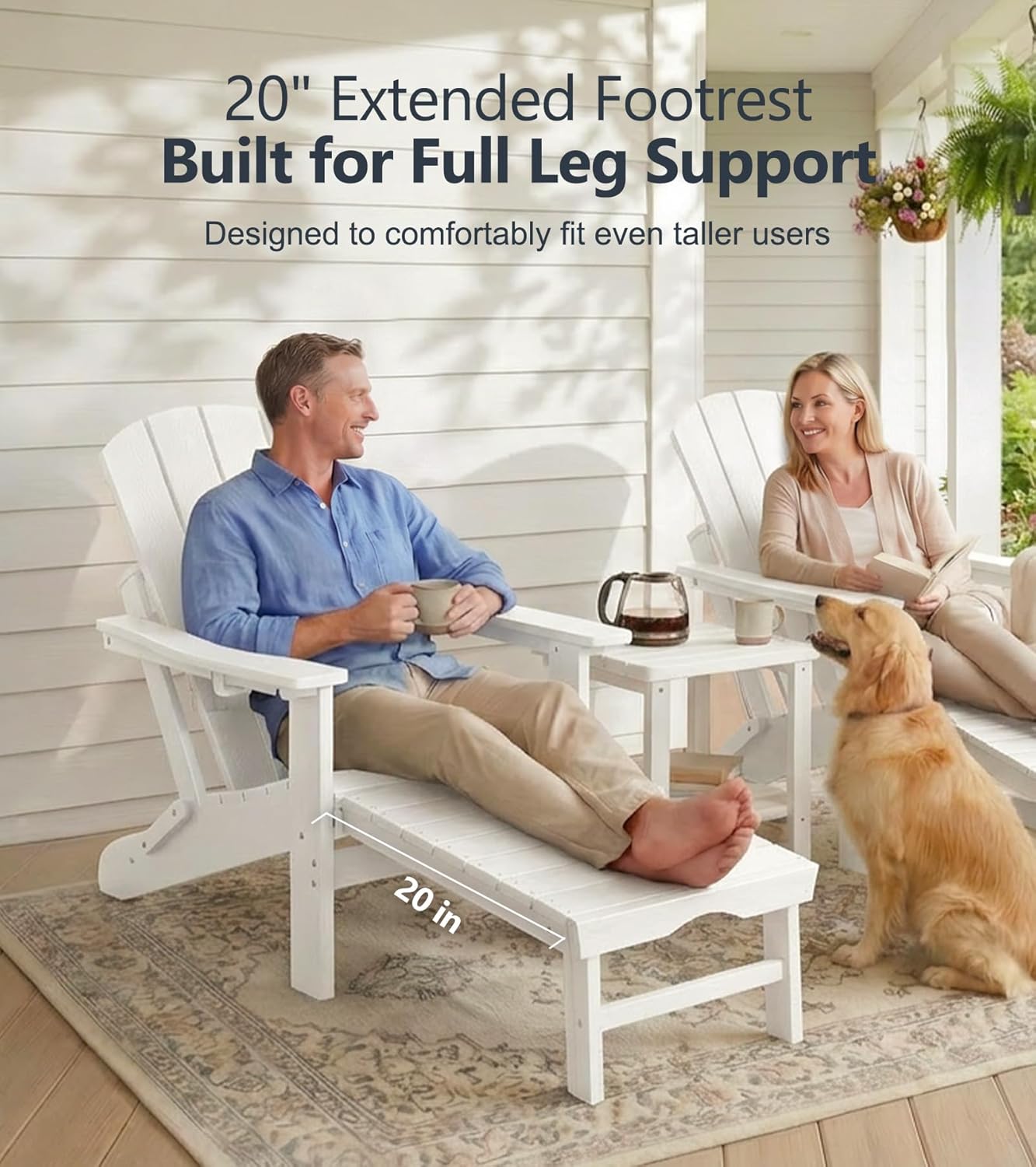PASAMIC Folding Adirondack Chairs Set of 2 with Retractable Ottoman, 5-Position Adjustable Backrest, HDPE All-Weather Fire Pit Chairs with 2 Hidden Cup Holders, Wood-Look Outdoor Chairs, White