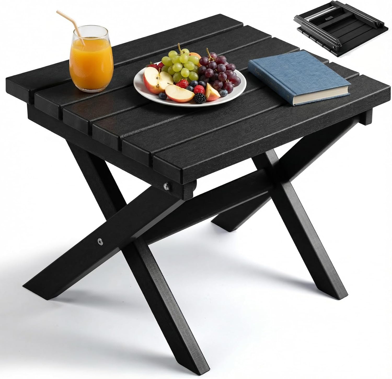 PASAMIC Folding Outdoor Side Table, Small Outdoor Table, Portable, No Assembly, Weather-Resistant HDPE End Table for Camping, RV, Poolside, Garden (Black)