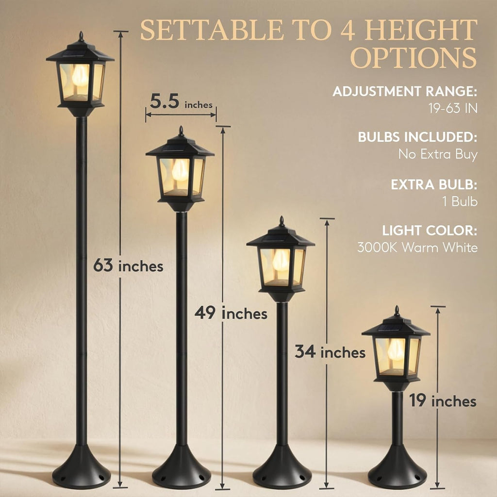 PASAMIC Outdoor Solar Post Lights, 2-Pack 63" Dusk to Dawn Solar Lamp Posts, Waterproof Floor Lamps, Warm White Pole Lights for Patio with Replaceable Bulb