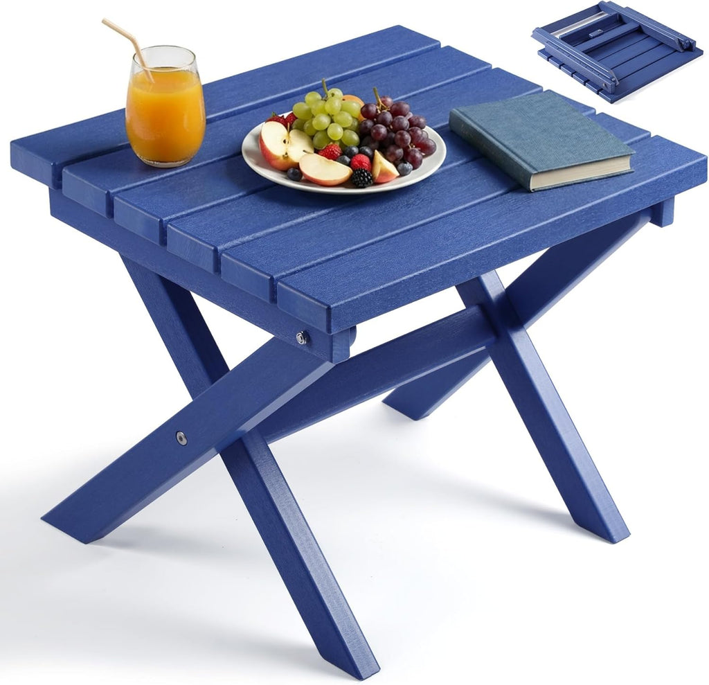 PASAMIC Folding Outdoor Side Table, Small Outdoor Table, Portable, No Assembly, Weather-Resistant HDPE End Table for Camping, RV, Poolside, Garden (Navy)
