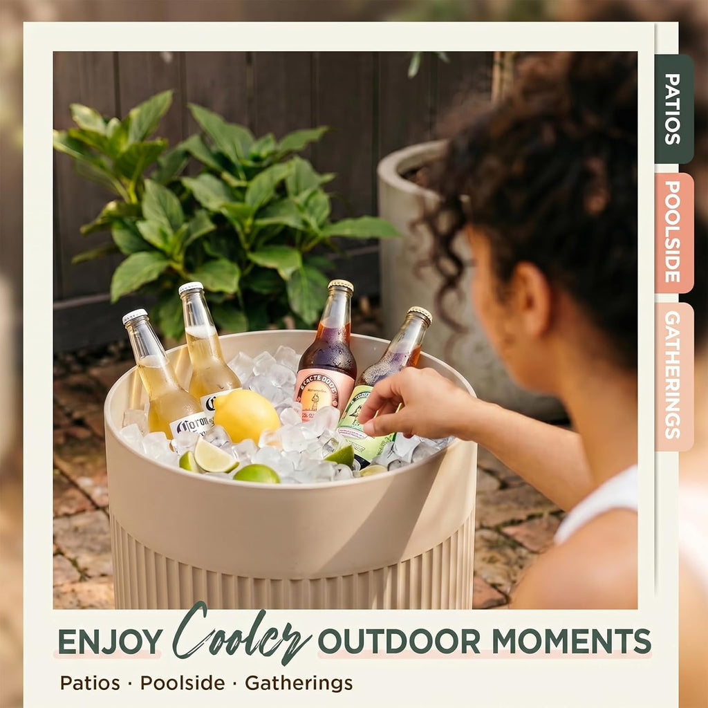PASAMIC Outdoor Cooler Side Table, 3-in-1 Patio Ice Cooler Table with Storage, HDPE Outdoor Table with Drain Plug, Holds 24 Cans & Fits Wine Bottles, Poolside Deck Backyard (Sand)