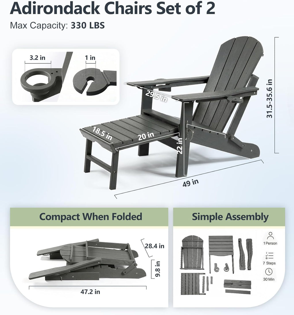 PASAMIC Folding Adirondack Chairs Set of 2 with Retractable Ottoman, 5-Position Adjustable Backrest, HDPE All-Weather Fire Pit Chairs with 2 Hidden Cup Holders, Wood-Look Outdoor Chairs, Grey
