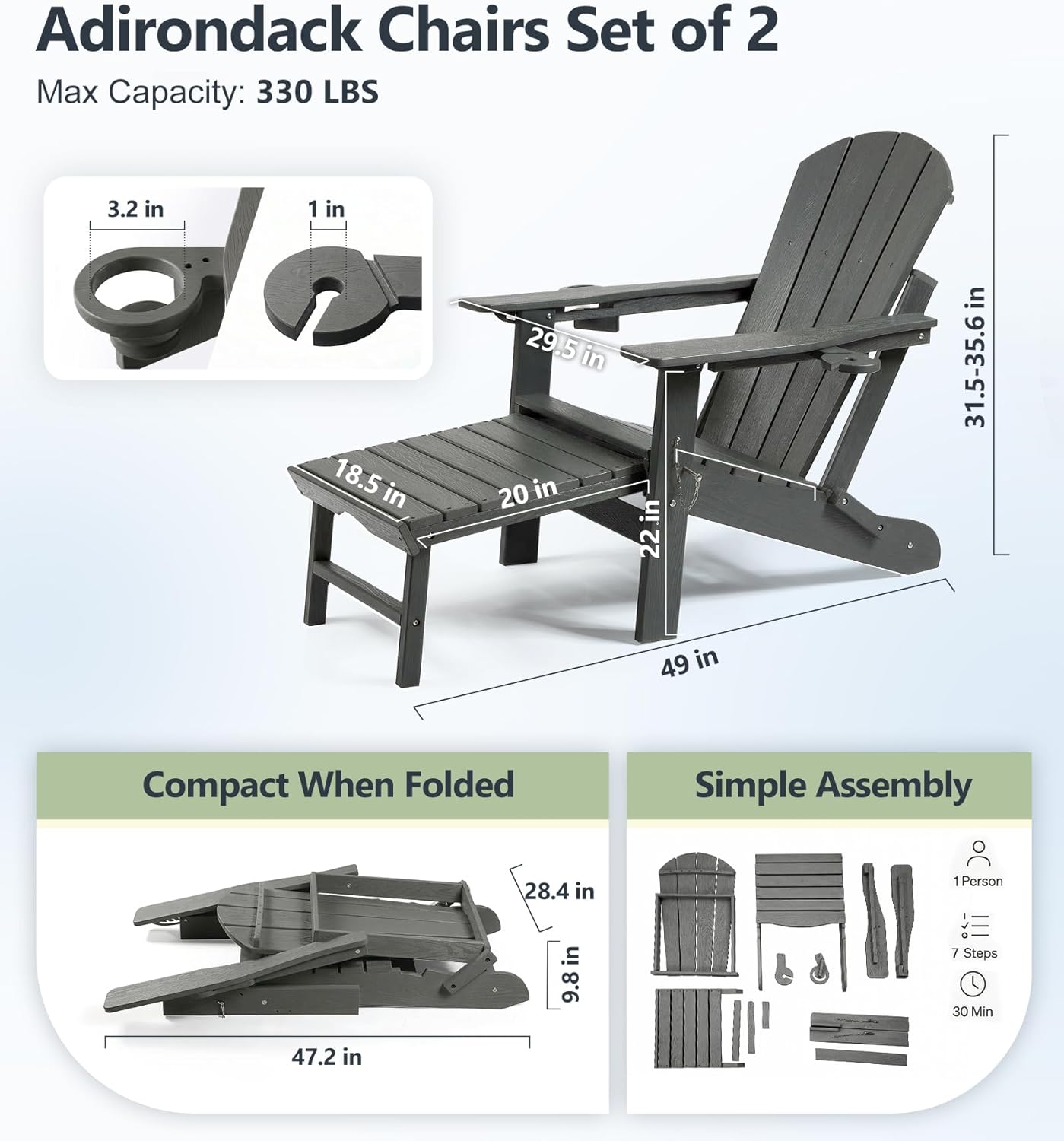 PASAMIC Folding Adirondack Chairs Set of 2 with Retractable Ottoman, 5-Position Adjustable Backrest, HDPE All-Weather Fire Pit Chairs with 2 Hidden Cup Holders, Wood-Look Outdoor Chairs, Grey