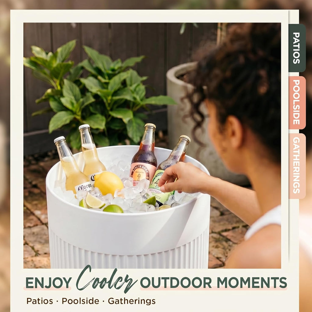 PASAMIC Outdoor Cooler Side Table, 3-in-1 Patio Ice Cooler Table with Storage, HDPE Outdoor Table with Drain Plug, Holds 24 Cans & Fits Wine Bottles, Poolside Deck Backyard (White)