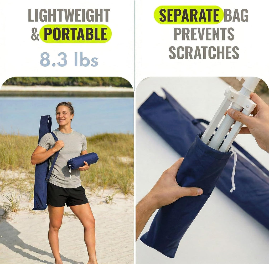 PASAMIC 7ft Portable Umbrella with Stand, UPF 50+ Sports Sun Shade Umbrella with Carry Bag, Hook & Cup Holders, Adjustable Instant Sun Protection for Sports, Beach, Fishing, Navy Blue