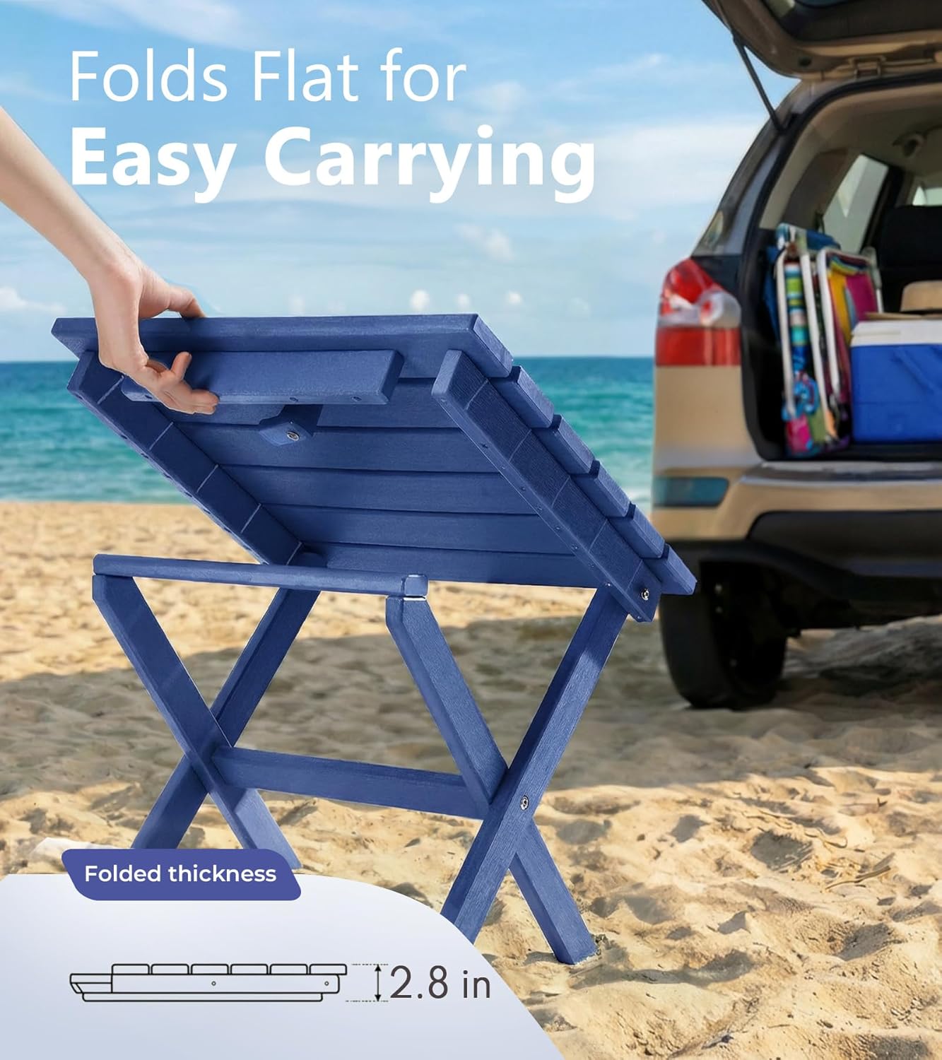 PASAMIC Folding Outdoor Side Table, Small Outdoor Table, Portable, No Assembly, Weather-Resistant HDPE End Table for Camping, RV, Poolside, Garden (Navy)