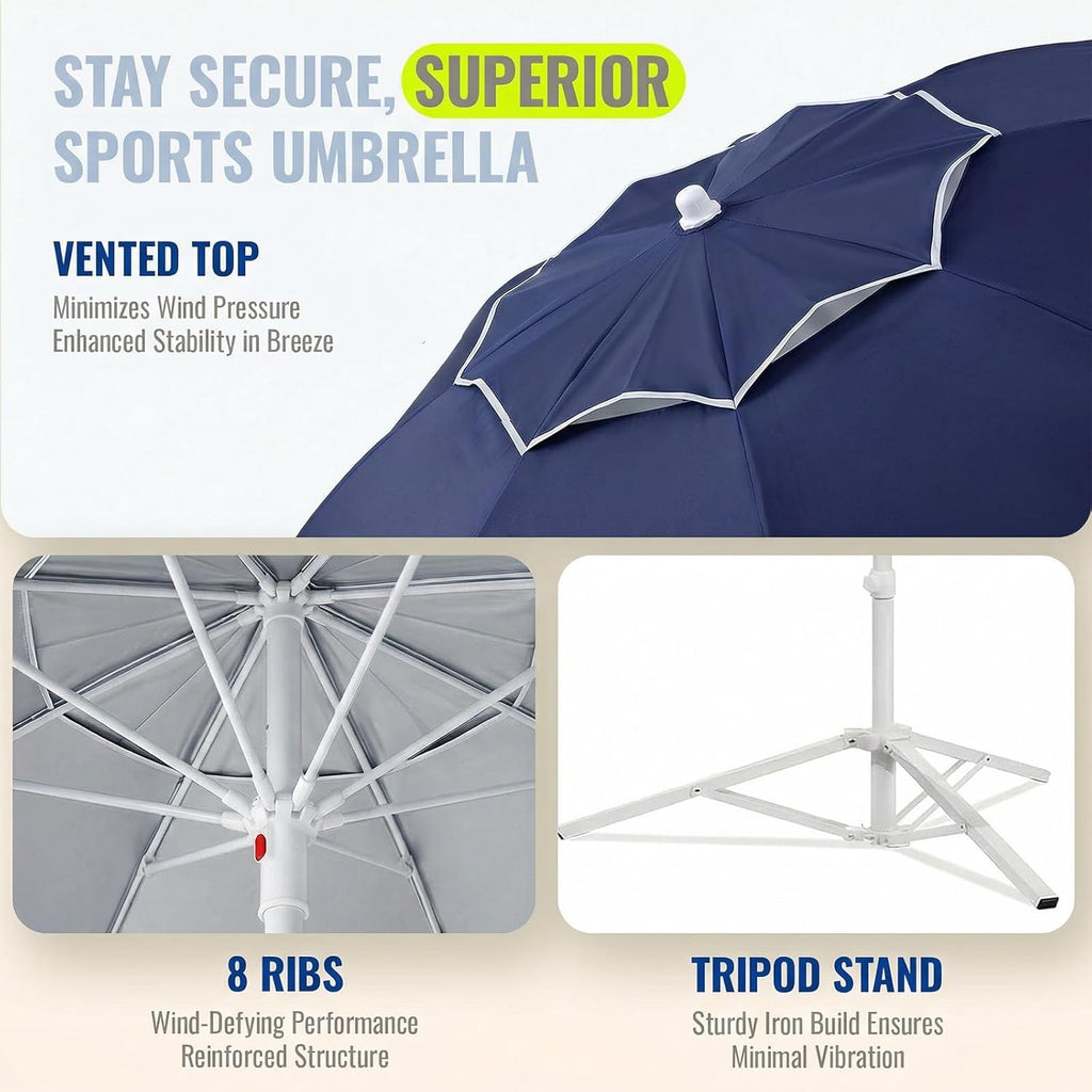 PASAMIC 7ft Portable Umbrella with Stand, UPF 50+ Sports Sun Shade Umbrella with Carry Bag, Hook & Cup Holders, Adjustable Instant Sun Protection for Sports, Beach, Fishing, Navy Blue