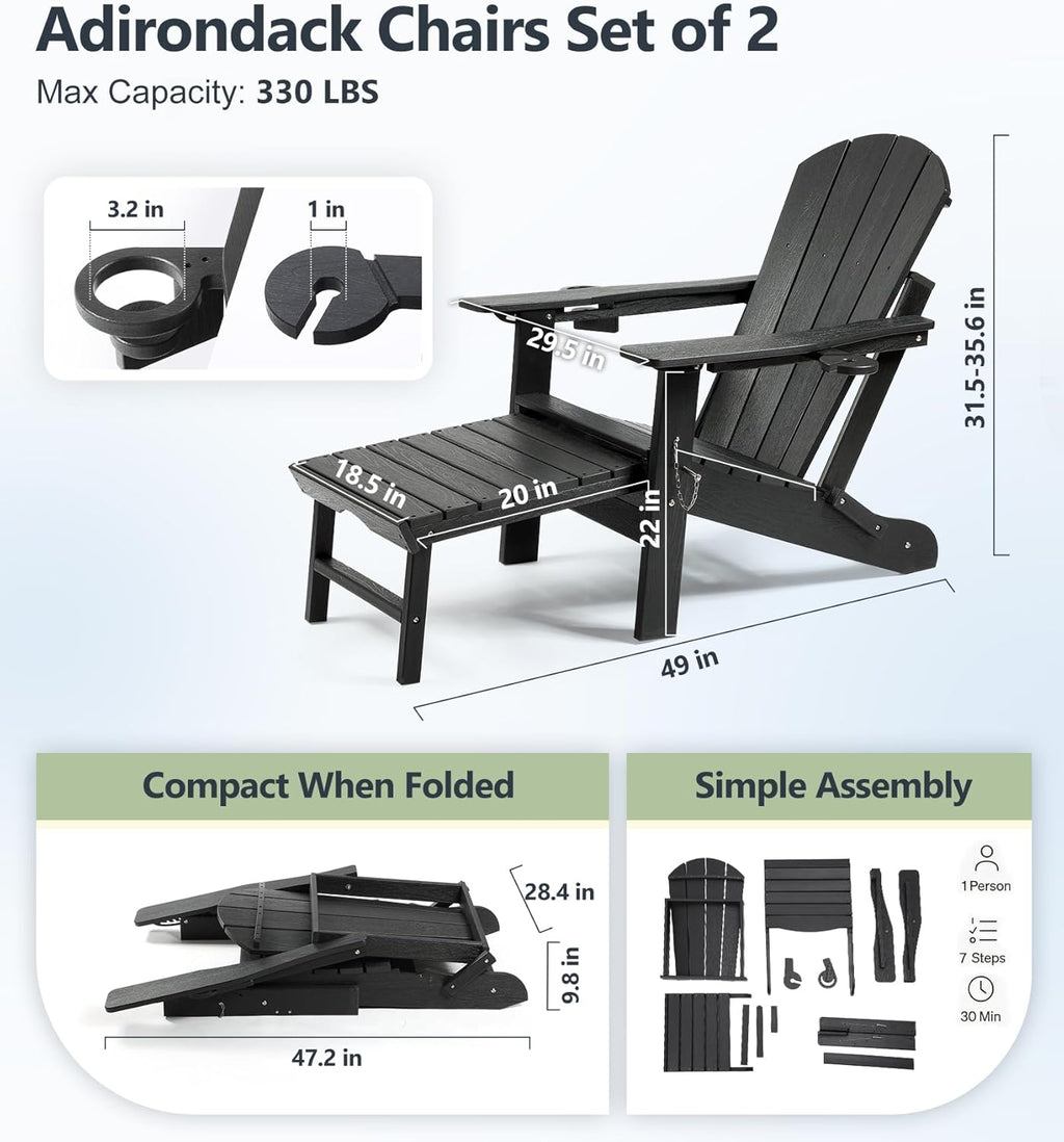 PASAMIC Folding Adirondack Chairs Set of 2 with Retractable Ottoman, 5-Position Adjustable Backrest, HDPE All-Weather Fire Pit Chairs with 2 Hidden Cup Holders, Wood-Look Outdoor Chairs, Black
