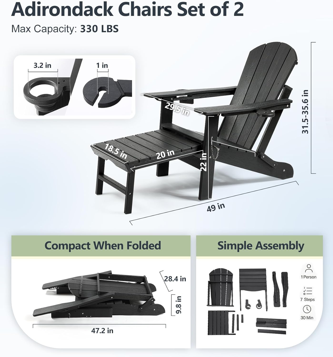 PASAMIC Folding Adirondack Chairs Set of 2 with Retractable Ottoman, 5-Position Adjustable Backrest, HDPE All-Weather Fire Pit Chairs with 2 Hidden Cup Holders, Wood-Look Outdoor Chairs, Black