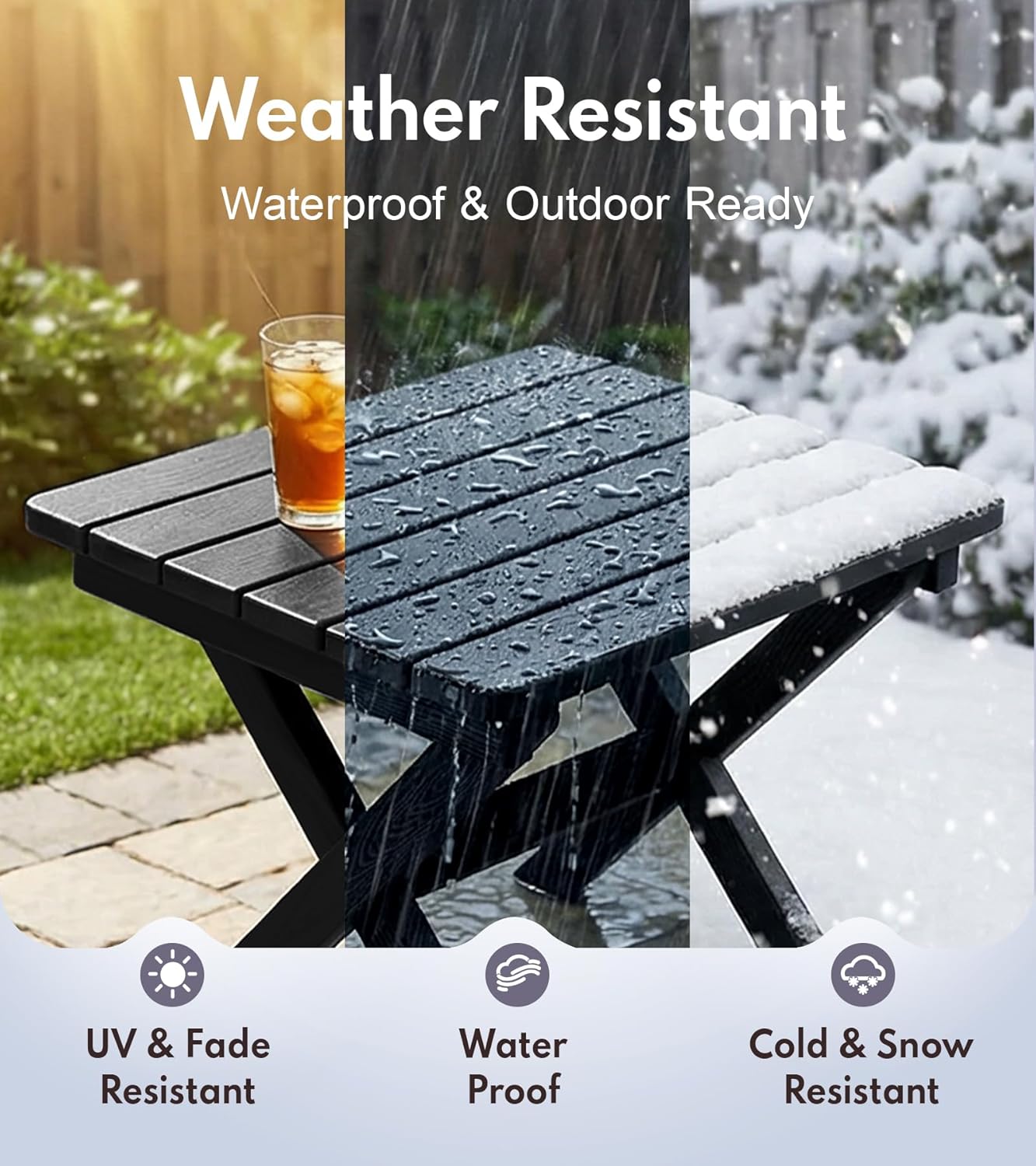 PASAMIC Folding Outdoor Side Table, Small Outdoor Table, Portable, No Assembly, Weather-Resistant HDPE End Table for Camping, RV, Poolside, Garden (Black)