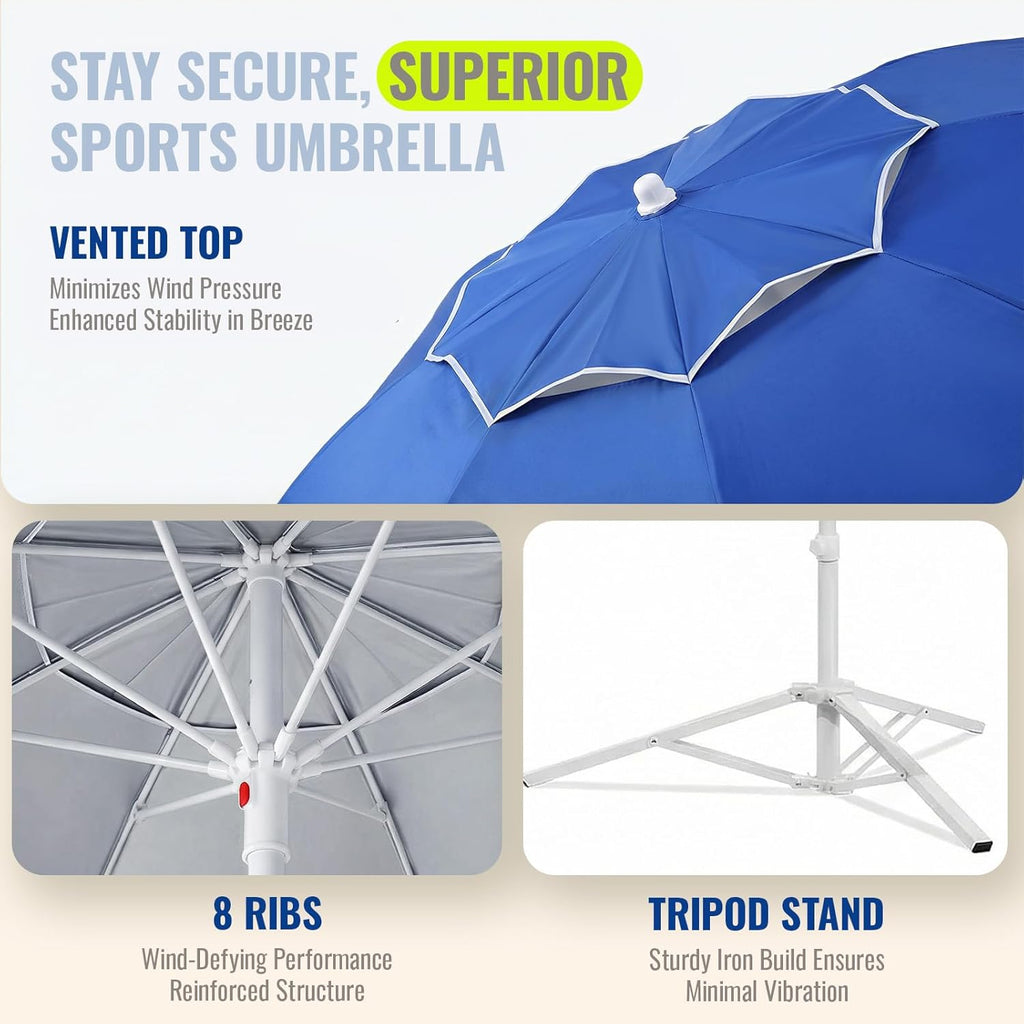 PASAMIC 7ft Portable Umbrella with Stand, UPF 50+ Sports Sun Shade Umbrella with Carry Bag, Hook & Cup Holders, Adjustable Instant Sun Protection for Sports, Beach, Fishing, Royal Blue