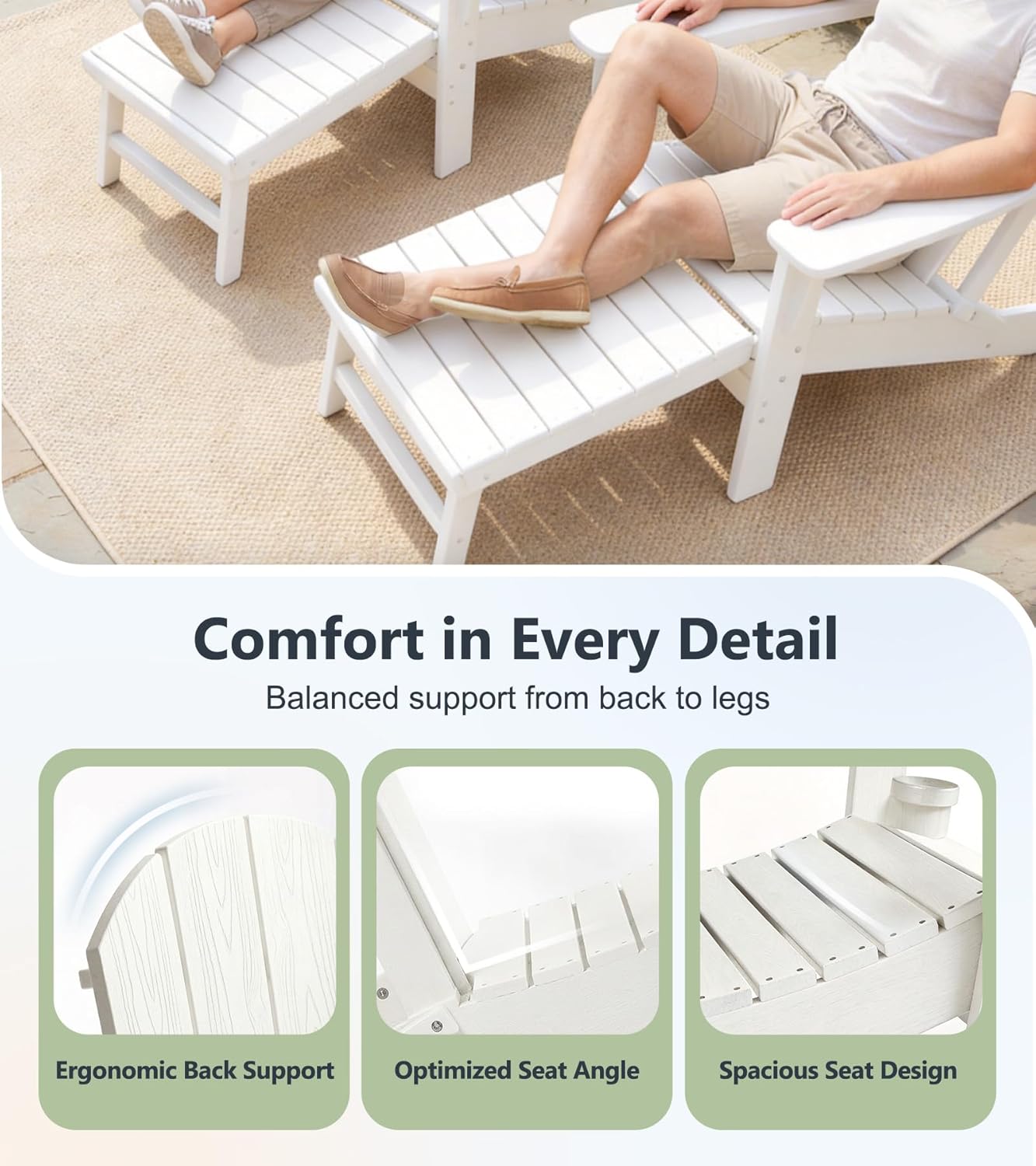 PASAMIC Folding Adirondack Chairs Set of 2 with Retractable Ottoman, 5-Position Adjustable Backrest, HDPE All-Weather Fire Pit Chairs with 2 Hidden Cup Holders, Wood-Look Outdoor Chairs, White