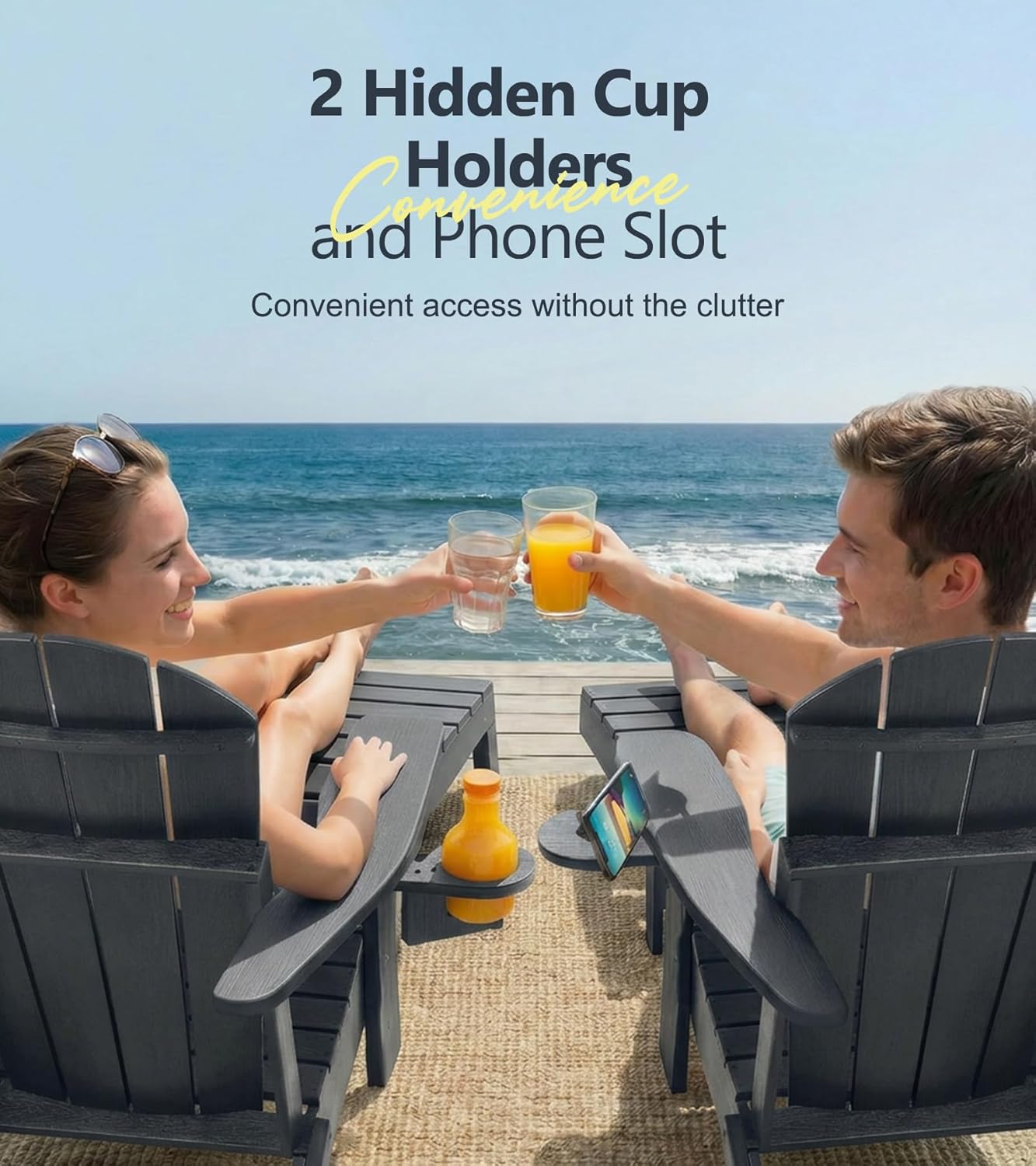 PASAMIC Folding Adirondack Chairs Set of 2 with Retractable Ottoman, 5-Position Adjustable Backrest, HDPE All-Weather Fire Pit Chairs with 2 Hidden Cup Holders, Wood-Look Outdoor Chairs, Grey