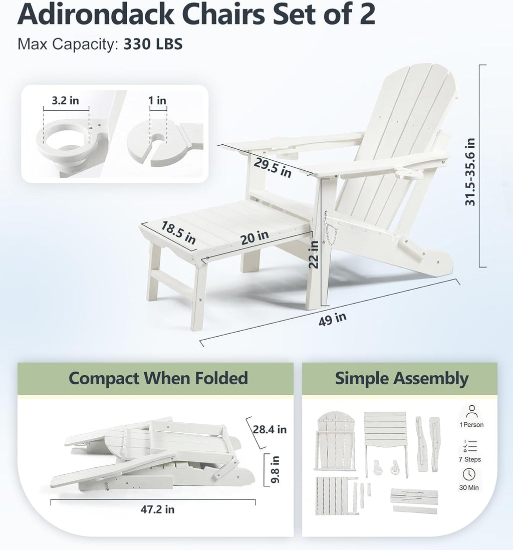 PASAMIC Folding Adirondack Chairs Set of 2 with Retractable Ottoman, 5-Position Adjustable Backrest, HDPE All-Weather Fire Pit Chairs with 2 Hidden Cup Holders, Wood-Look Outdoor Chairs, White