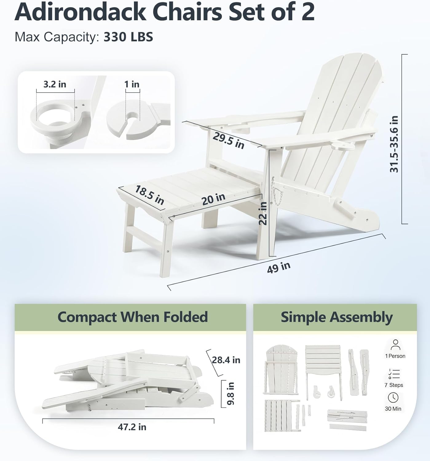PASAMIC Folding Adirondack Chairs Set of 2 with Retractable Ottoman, 5-Position Adjustable Backrest, HDPE All-Weather Fire Pit Chairs with 2 Hidden Cup Holders, Wood-Look Outdoor Chairs, White