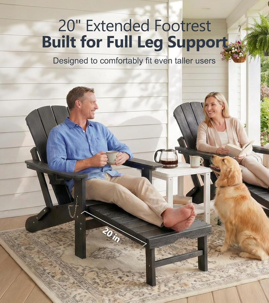 PASAMIC Folding Adirondack Chairs Set of 2 with Retractable Ottoman, 5-Position Adjustable Backrest, HDPE All-Weather Fire Pit Chairs with 2 Hidden Cup Holders, Wood-Look Outdoor Chairs, Black