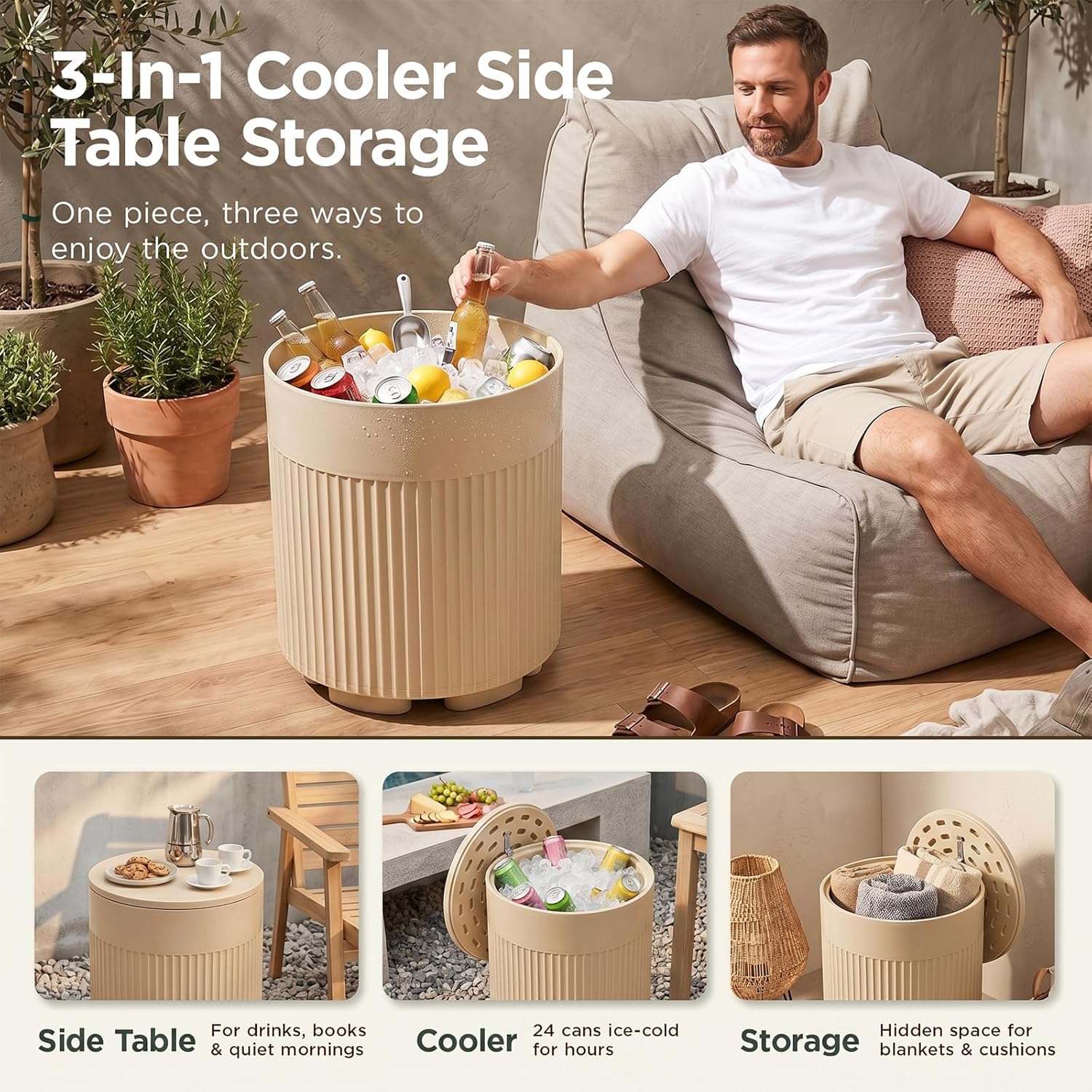 PASAMIC Outdoor Cooler Side Table, 3-in-1 Patio Ice Cooler Table with Storage, HDPE Outdoor Table with Drain Plug, Holds 24 Cans & Fits Wine Bottles, Poolside Deck Backyard (Sand)