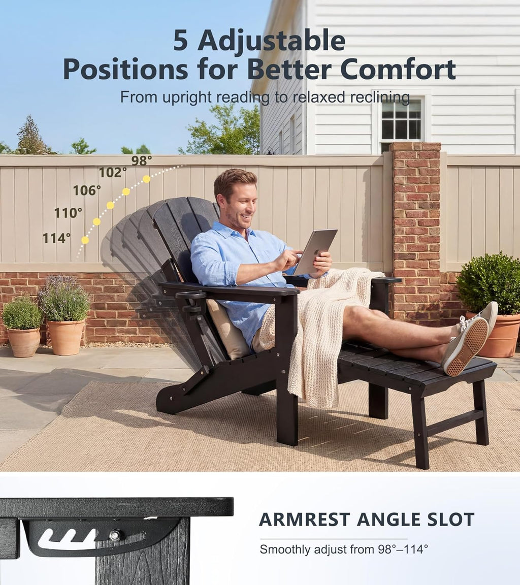 PASAMIC Folding Adirondack Chairs Set of 2 with Retractable Ottoman, 5-Position Adjustable Backrest, HDPE All-Weather Fire Pit Chairs with 2 Hidden Cup Holders, Wood-Look Outdoor Chairs, Black