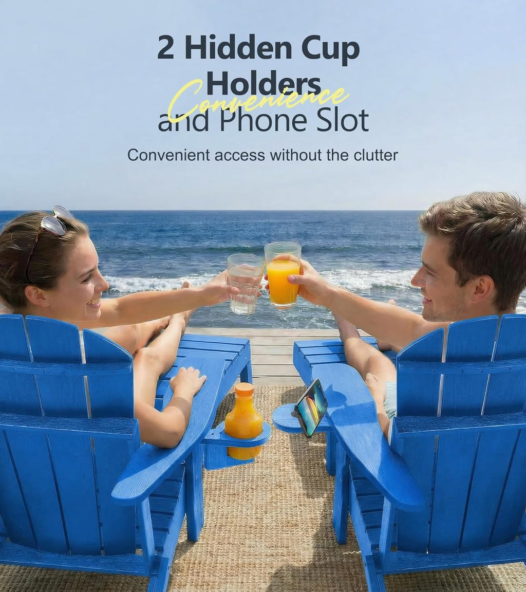 PASAMIC Folding Adirondack Chairs Set of 2 with Retractable Ottoman, 5-Position Adjustable Backrest, HDPE All-Weather Fire Pit Chairs with 2 Hidden Cup Holders, Wood-Look Outdoor Chairs, Blue