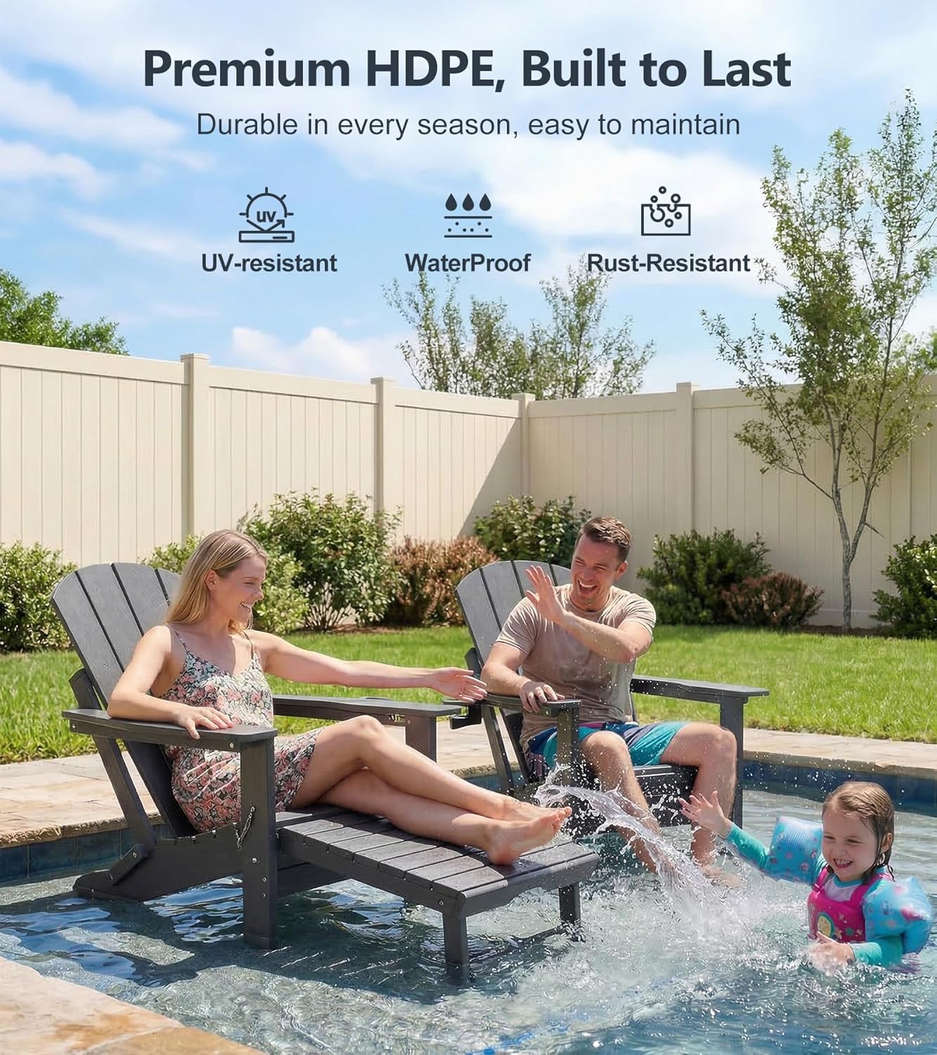 PASAMIC Folding Adirondack Chairs Set of 2 with Retractable Ottoman, 5-Position Adjustable Backrest, HDPE All-Weather Fire Pit Chairs with 2 Hidden Cup Holders, Wood-Look Outdoor Chairs, Grey