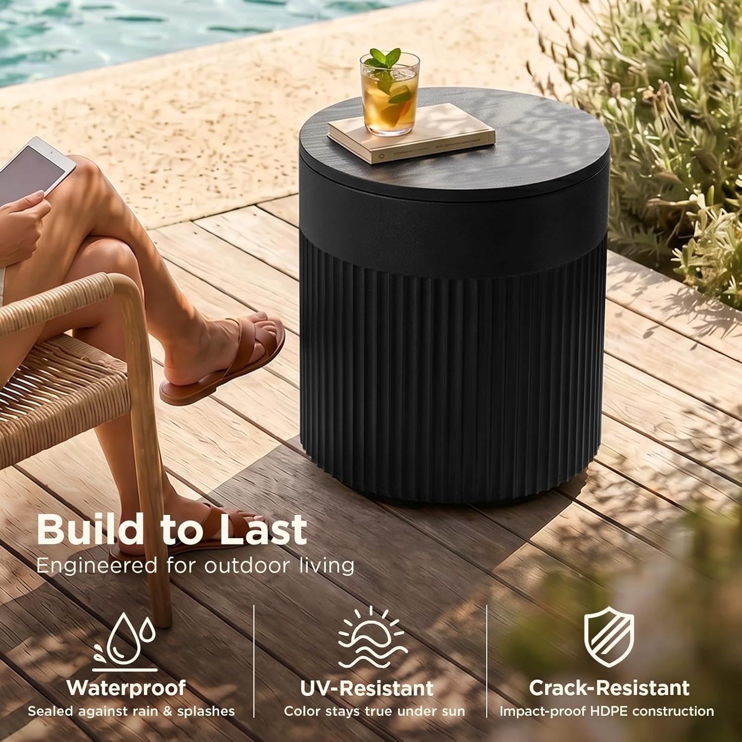 PASAMIC Outdoor Cooler Side Table, 3-in-1 Patio Ice Cooler Table with Storage, HDPE Outdoor Table with Drain Plug, Holds 24 Cans & Fits Wine Bottles, Poolside Deck Backyard (Black)