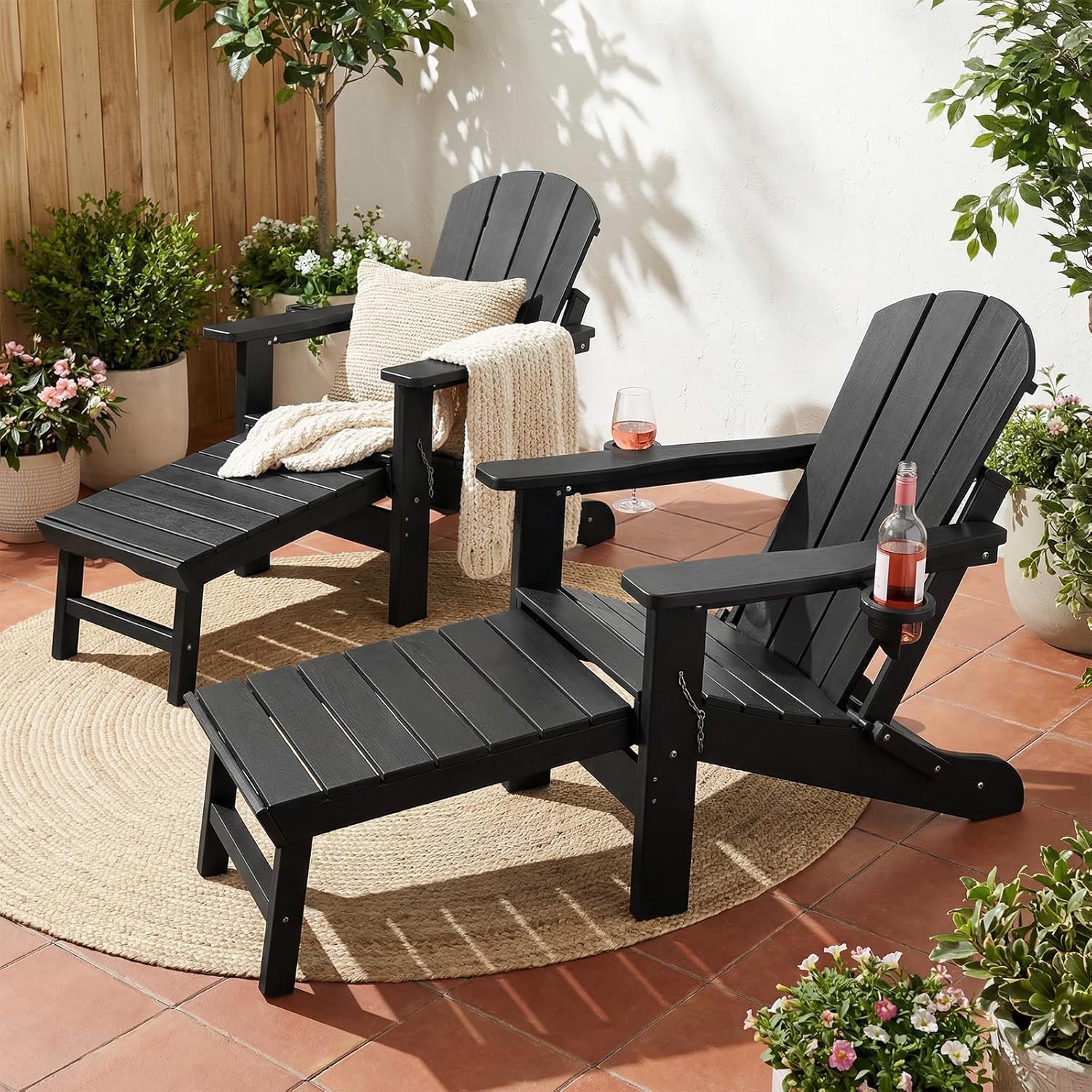 PASAMIC Folding Adirondack Chairs Set of 2 with Retractable Ottoman, 5-Position Adjustable Backrest, HDPE All-Weather Fire Pit Chairs with 2 Hidden Cup Holders, Wood-Look Outdoor Chairs, Black