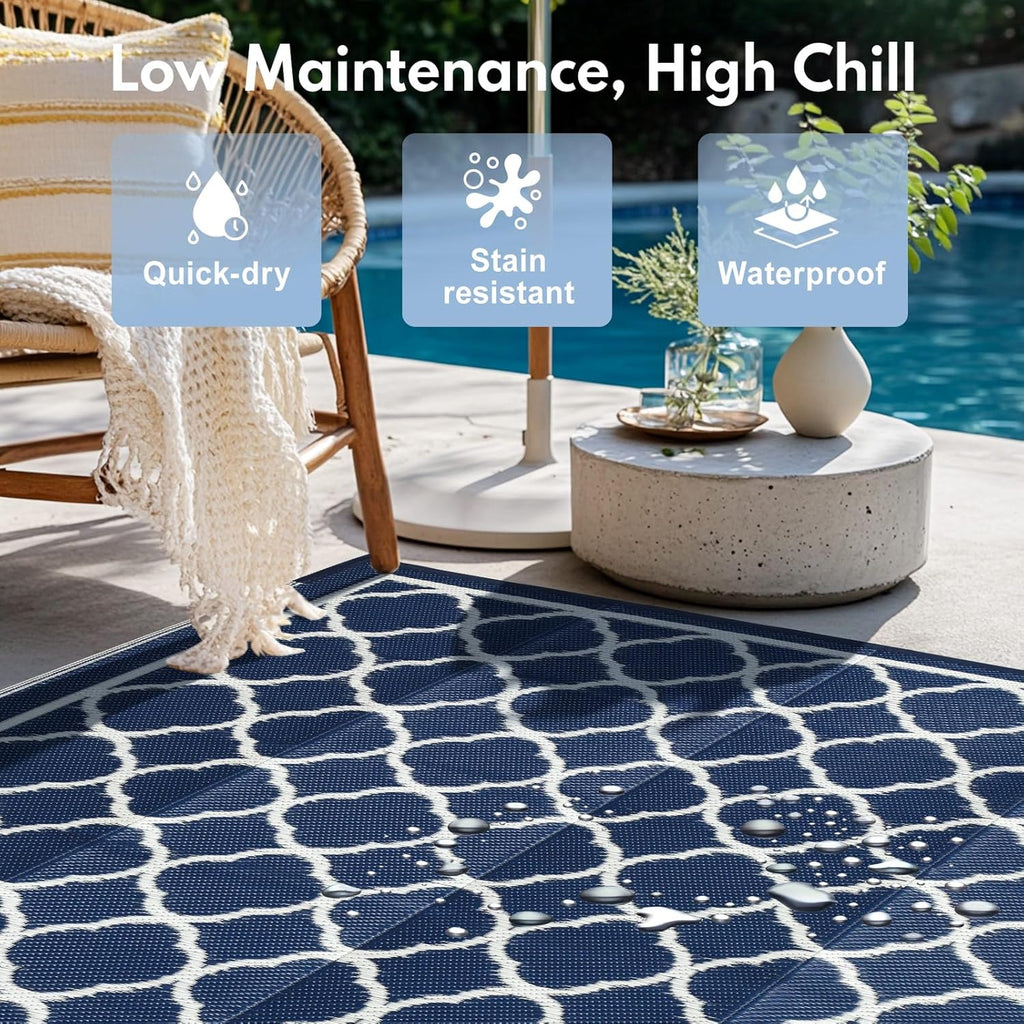 PASAMIC 9x12 Outdoor Rug Waterproof, Reversible Plastic Straw Outdoor Patio Rug Clearance, Portable Indoor Outdoor Carpet for Patio, RV, Deck, Balcony, Backyard, Picnic, Beach, Clover Navy Blue