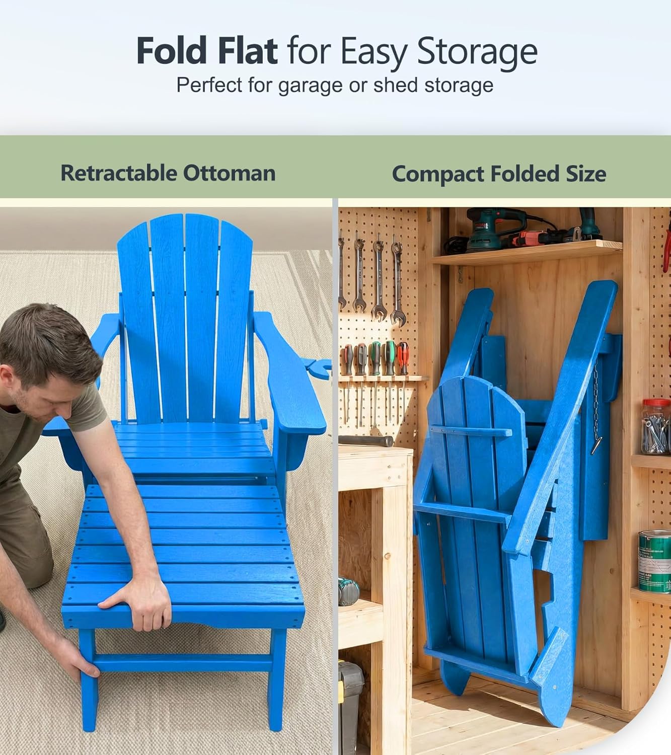 PASAMIC Folding Adirondack Chairs Set of 2 with Retractable Ottoman, 5-Position Adjustable Backrest, HDPE All-Weather Fire Pit Chairs with 2 Hidden Cup Holders, Wood-Look Outdoor Chairs, Blue