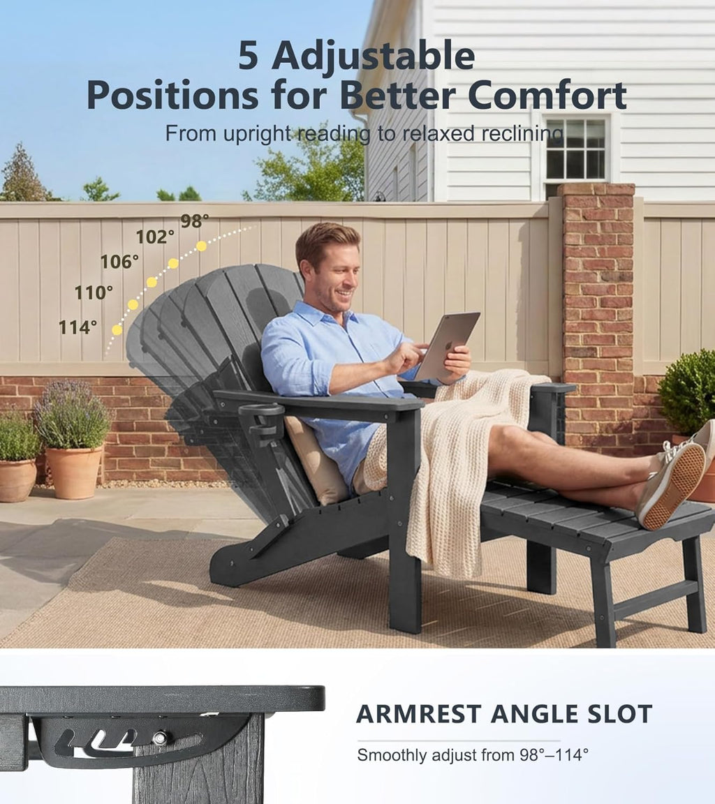 PASAMIC Folding Adirondack Chairs Set of 2 with Retractable Ottoman, 5-Position Adjustable Backrest, HDPE All-Weather Fire Pit Chairs with 2 Hidden Cup Holders, Wood-Look Outdoor Chairs, Grey