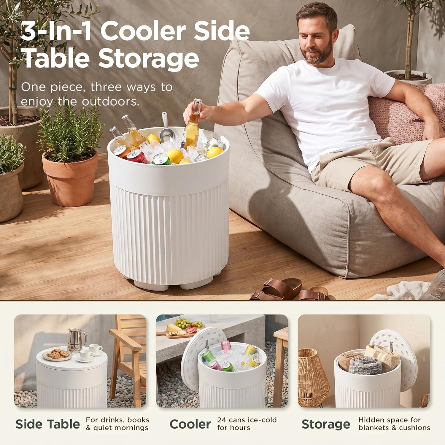 PASAMIC Outdoor Cooler Side Table, 3-in-1 Patio Ice Cooler Table with Storage, HDPE Outdoor Table with Drain Plug, Holds 24 Cans & Fits Wine Bottles, Poolside Deck Backyard (White)