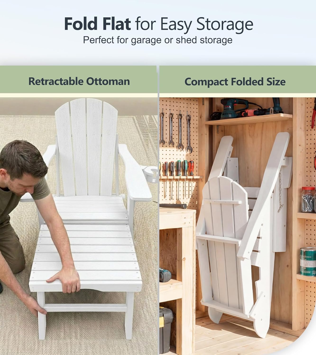 PASAMIC Folding Adirondack Chairs Set of 2 with Retractable Ottoman, 5-Position Adjustable Backrest, HDPE All-Weather Fire Pit Chairs with 2 Hidden Cup Holders, Wood-Look Outdoor Chairs, White