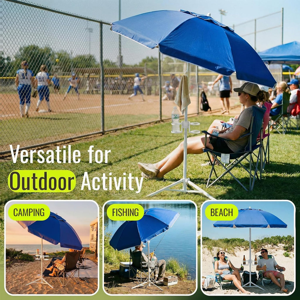 PASAMIC 7ft Portable Umbrella with Stand, UPF 50+ Sports Sun Shade Umbrella with Carry Bag, Hook & Cup Holders, Adjustable Instant Sun Protection for Sports, Beach, Fishing, Royal Blue