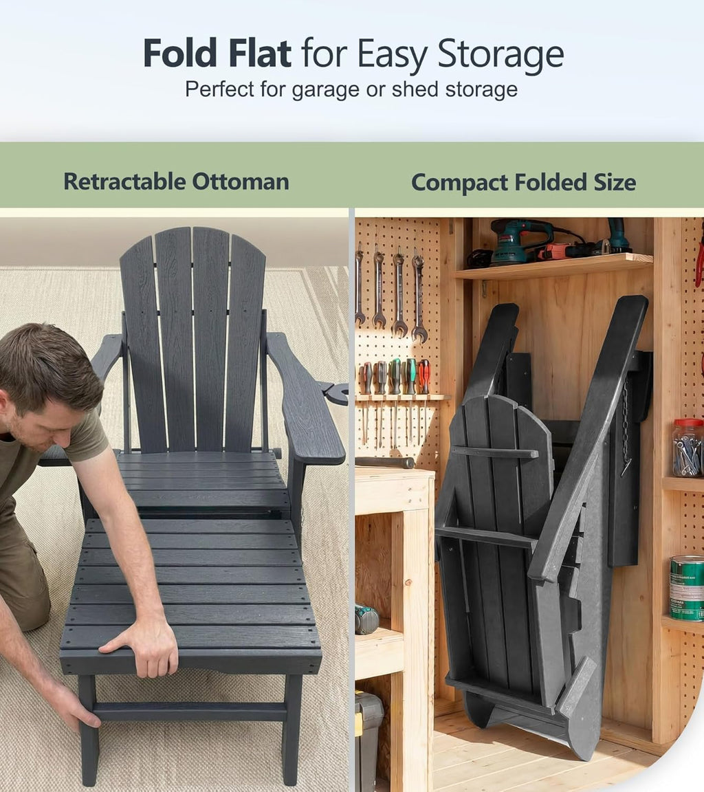 PASAMIC Folding Adirondack Chairs Set of 2 with Retractable Ottoman, 5-Position Adjustable Backrest, HDPE All-Weather Fire Pit Chairs with 2 Hidden Cup Holders, Wood-Look Outdoor Chairs, Grey