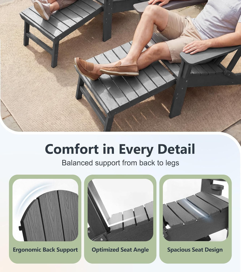 PASAMIC Folding Adirondack Chairs Set of 2 with Retractable Ottoman, 5-Position Adjustable Backrest, HDPE All-Weather Fire Pit Chairs with 2 Hidden Cup Holders, Wood-Look Outdoor Chairs, Grey