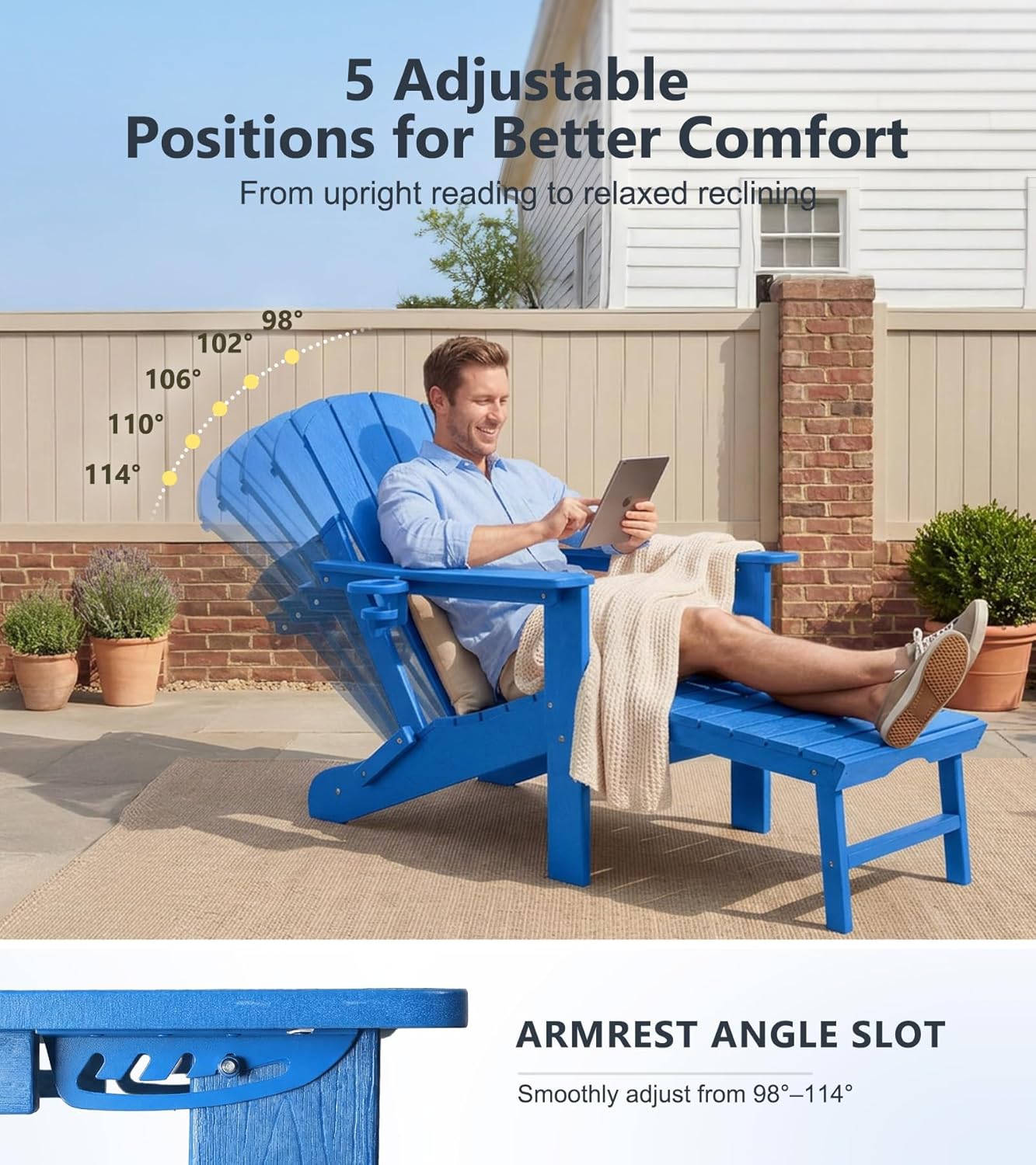 PASAMIC Folding Adirondack Chairs Set of 2 with Retractable Ottoman, 5-Position Adjustable Backrest, HDPE All-Weather Fire Pit Chairs with 2 Hidden Cup Holders, Wood-Look Outdoor Chairs, Blue