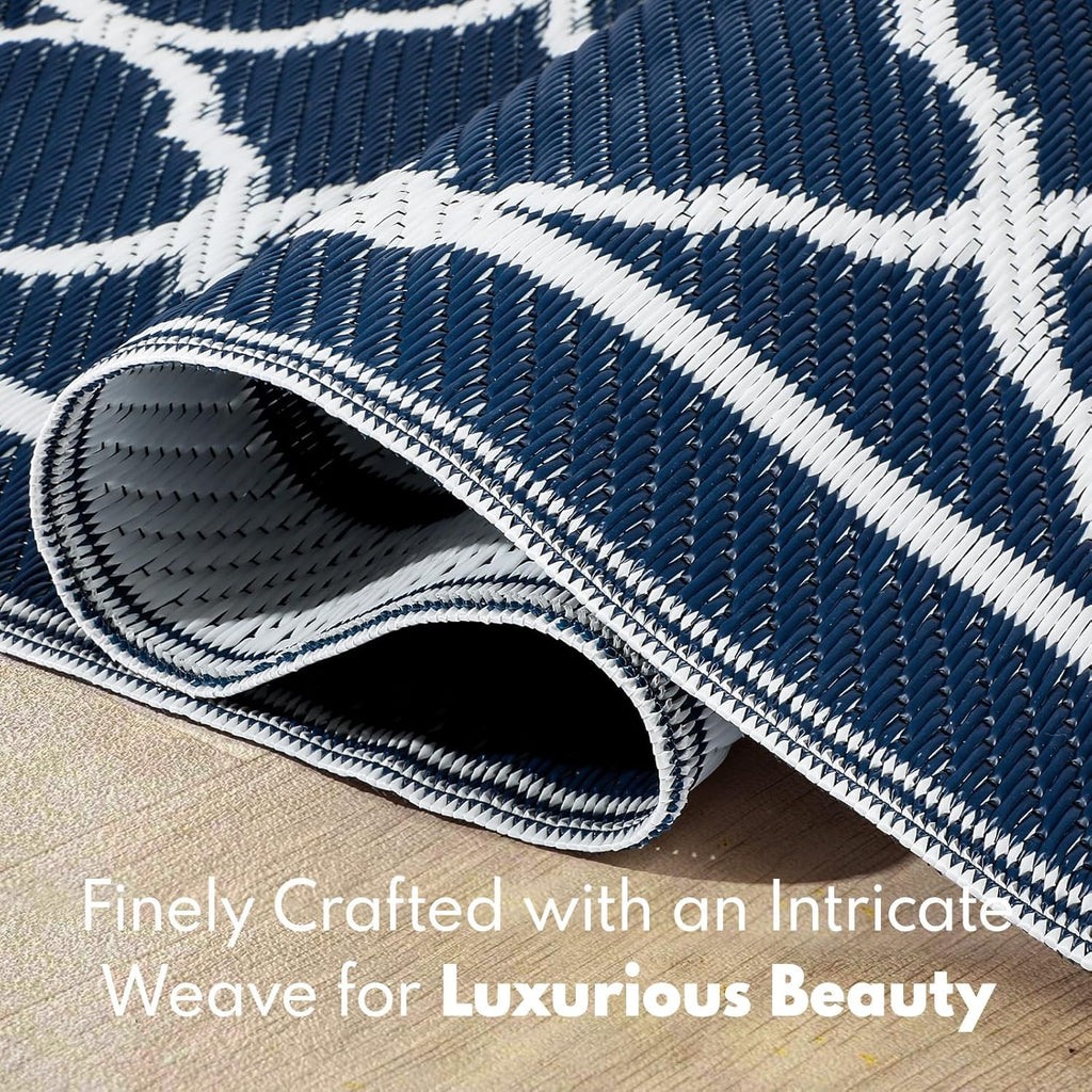 Waterproof Outdoor Rug 8x10 ft, Reversible Plastic Straw Rug, Easy to Clean Patio Rug, Portable Carpet for Patio, RV, Deck, Balcony, Backyard, Picnic, Beach, Clover, Navy Blue