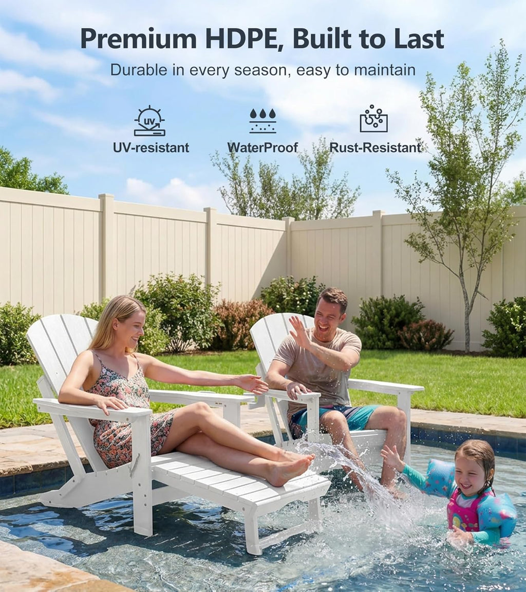 PASAMIC Folding Adirondack Chairs Set of 2 with Retractable Ottoman, 5-Position Adjustable Backrest, HDPE All-Weather Fire Pit Chairs with 2 Hidden Cup Holders, Wood-Look Outdoor Chairs, White