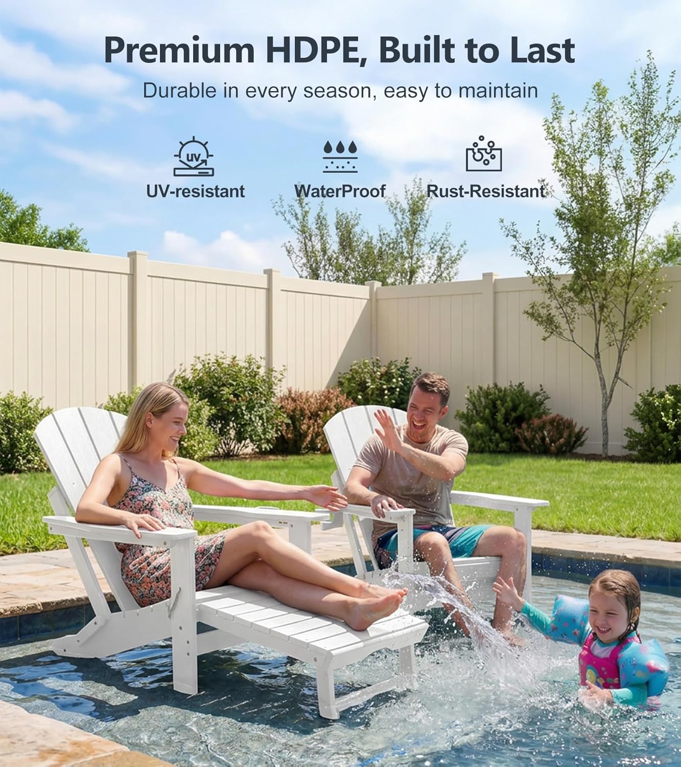 PASAMIC Folding Adirondack Chairs Set of 2 with Retractable Ottoman, 5-Position Adjustable Backrest, HDPE All-Weather Fire Pit Chairs with 2 Hidden Cup Holders, Wood-Look Outdoor Chairs, White