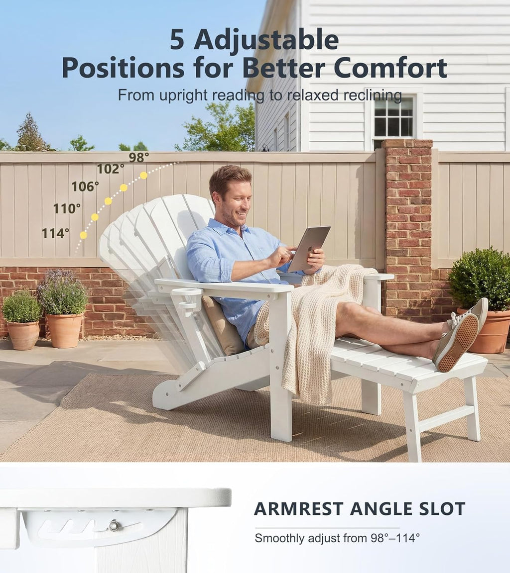 PASAMIC Folding Adirondack Chairs Set of 2 with Retractable Ottoman, 5-Position Adjustable Backrest, HDPE All-Weather Fire Pit Chairs with 2 Hidden Cup Holders, Wood-Look Outdoor Chairs, White