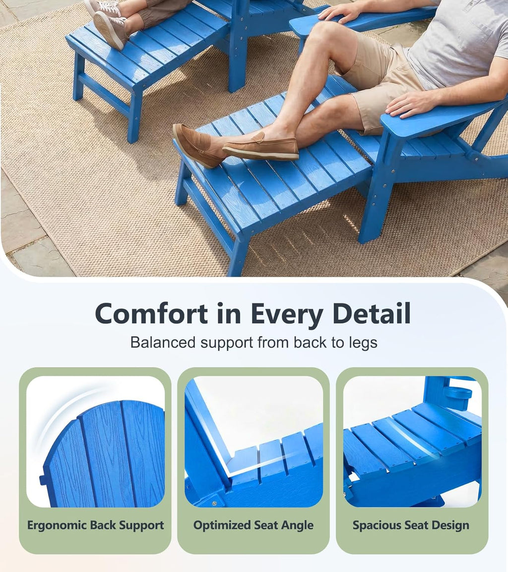 PASAMIC Folding Adirondack Chairs Set of 2 with Retractable Ottoman, 5-Position Adjustable Backrest, HDPE All-Weather Fire Pit Chairs with 2 Hidden Cup Holders, Wood-Look Outdoor Chairs, Blue
