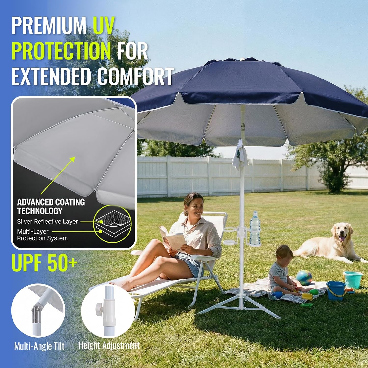 PASAMIC 7ft Portable Umbrella with Stand, UPF 50+ Sports Sun Shade Umbrella with Carry Bag, Hook & Cup Holders, Adjustable Instant Sun Protection for Sports, Beach, Fishing, Navy Blue