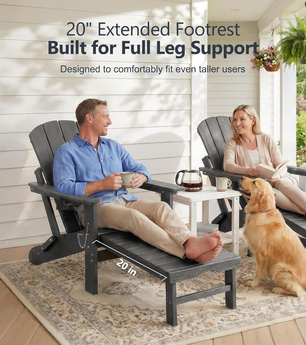 PASAMIC Folding Adirondack Chairs Set of 2 with Retractable Ottoman, 5-Position Adjustable Backrest, HDPE All-Weather Fire Pit Chairs with 2 Hidden Cup Holders, Wood-Look Outdoor Chairs, Grey
